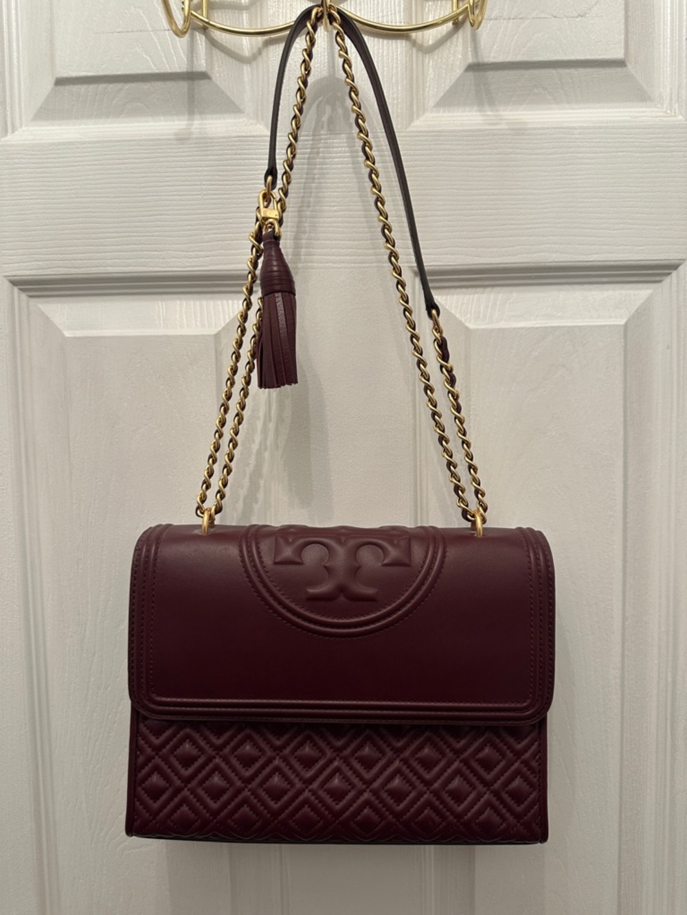 Tory Burch Quilted Leather Shoulder Bag in Burgundy with Gold Chain